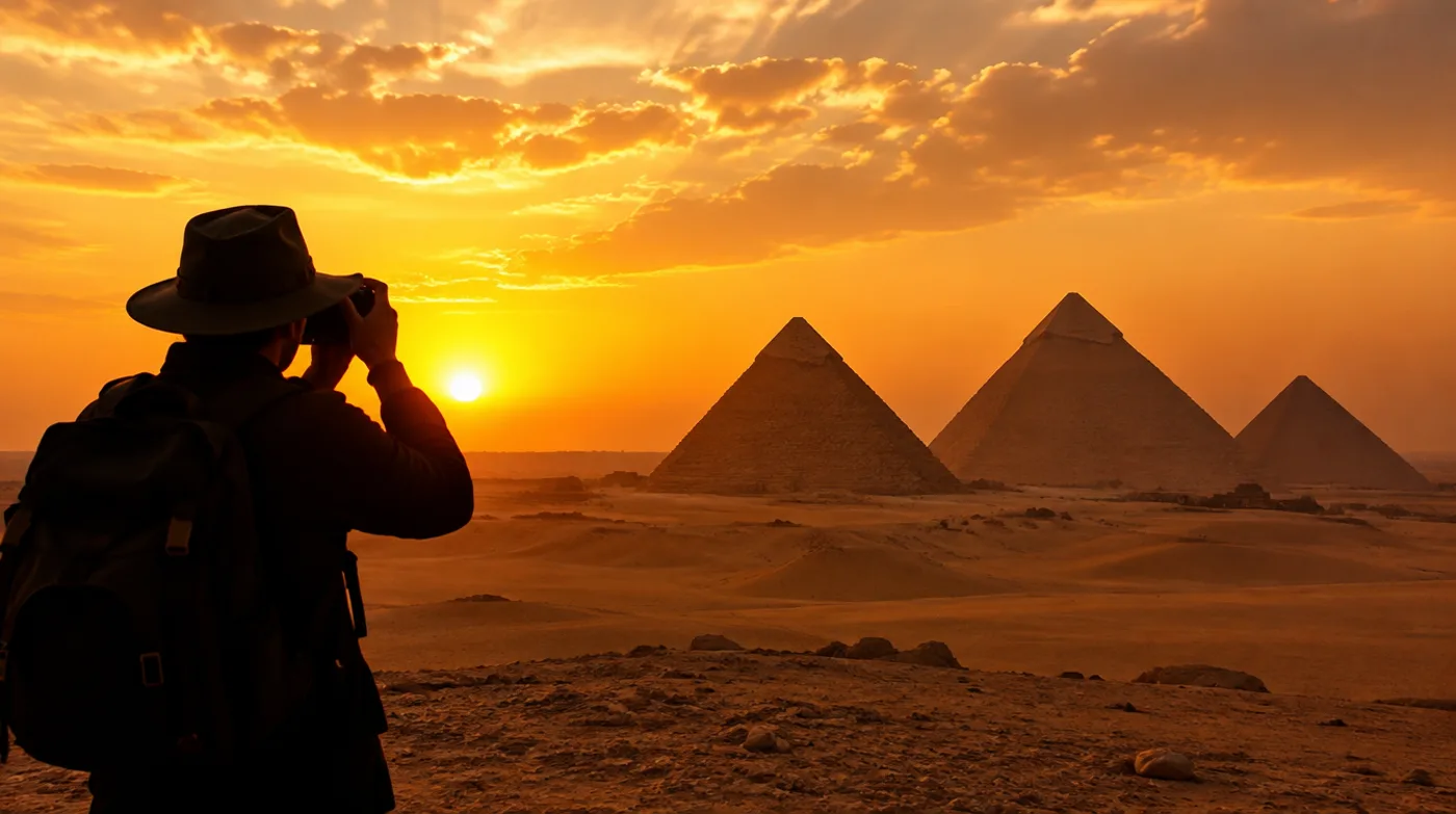 Viajero fotografiando las pirámides al atardecer