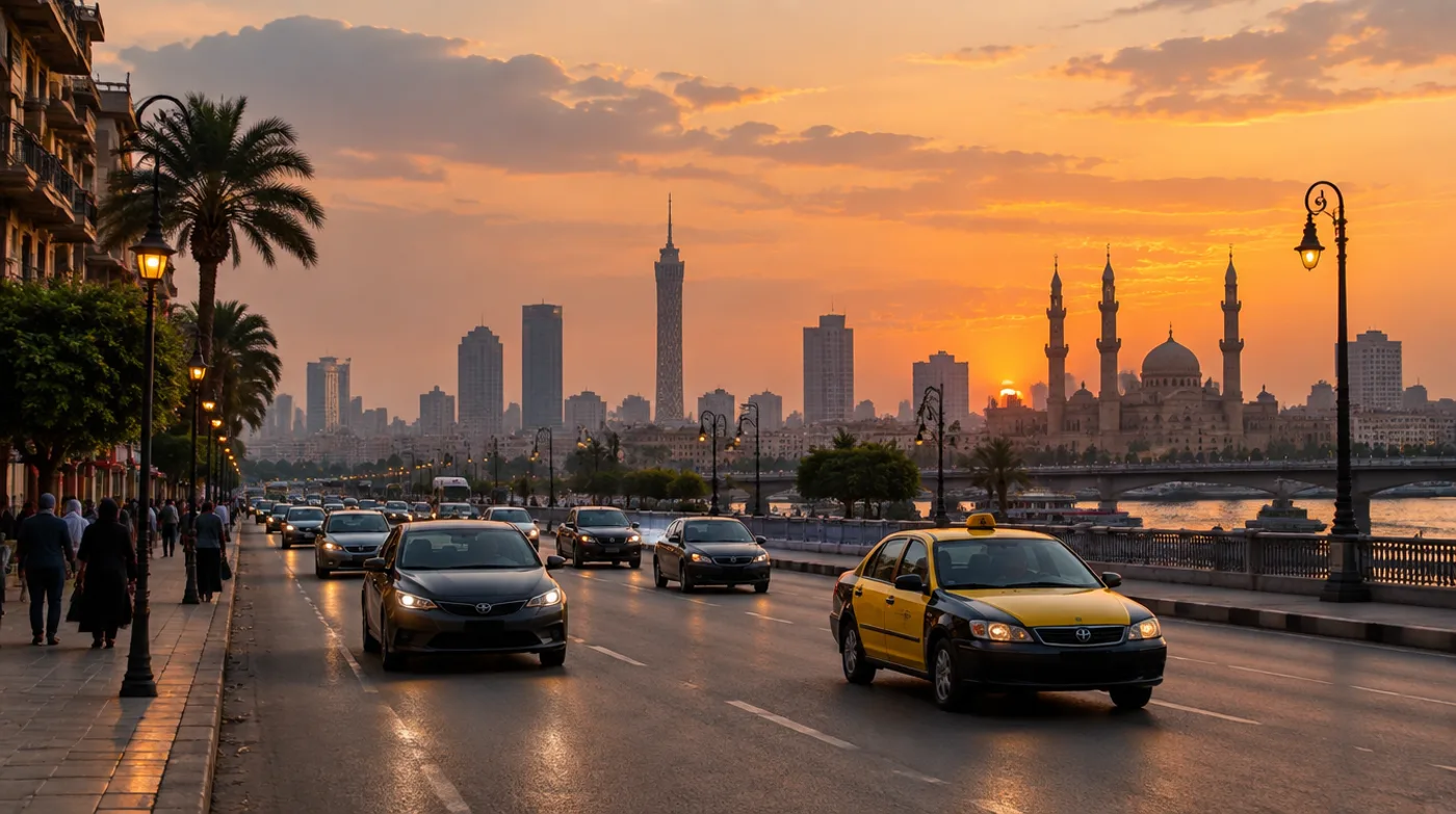 Avenida de El Cairo al atardecer con autos y un taxi junto al Nilo