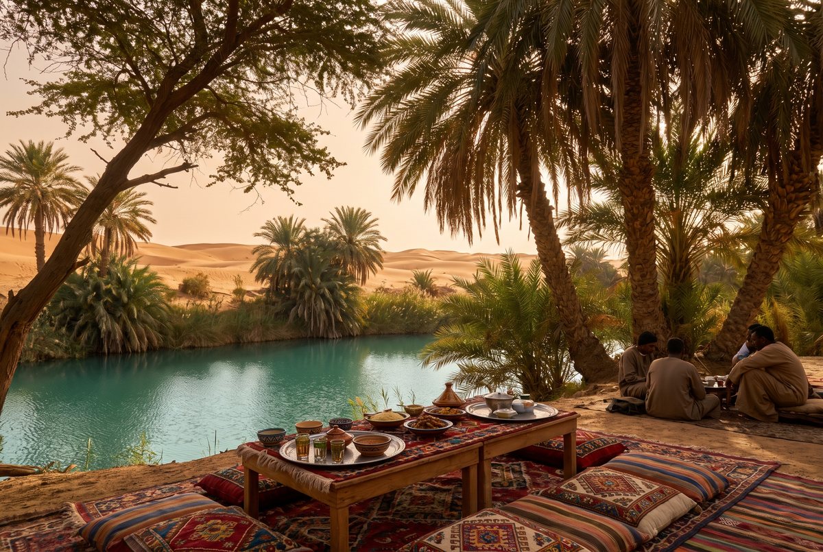 Almuerzo en un oasis del desierto egipcio